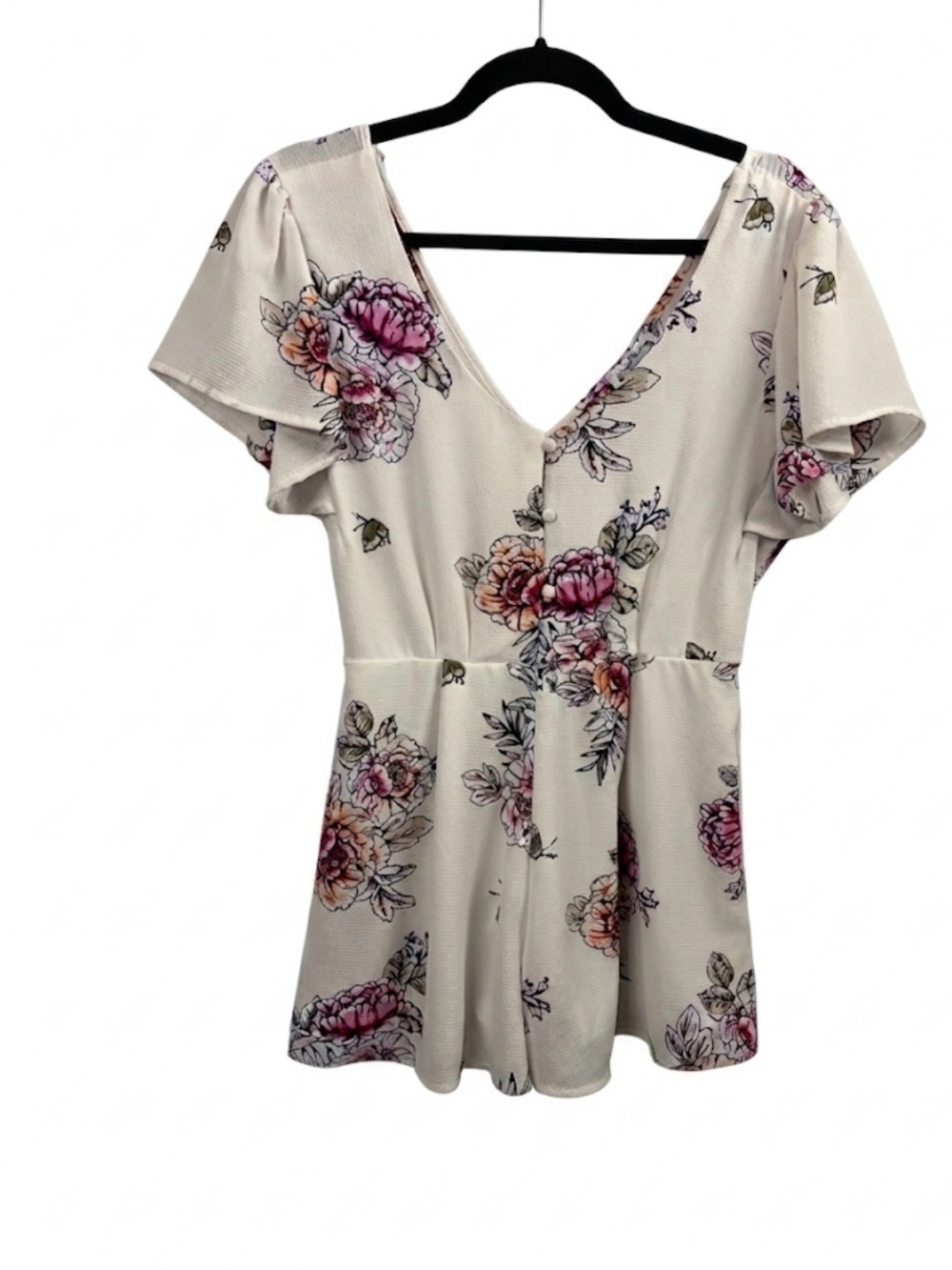Trixxi Clothing Co. Cream Floral Button-Front Romper Flutter Sleeve S